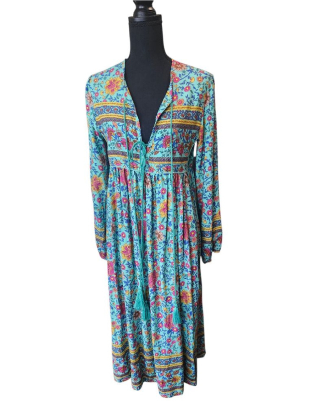 Bohemian Teal Floral Midi Dress with Tassel Tie